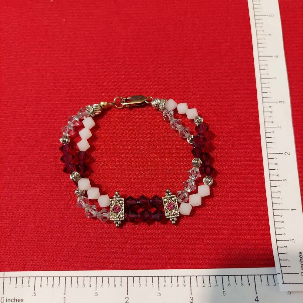 Multicolor Red & White Crystal w 14K 1/20 Gold Filled Clasp 7" Bracelet